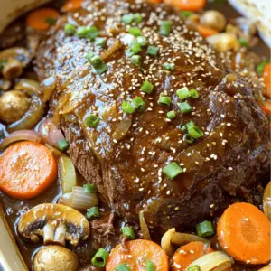 - 3-4 lbs beef chuck roast - 1/2 cup soy sauce - 1/4 cup brown sugar - 1/4 cup sesame oil - 1 tablespoon fresh ginger, minced - 4 cloves garlic, minced - 1 tablespoon gochugaru - 1 tablespoon rice vinegar - 1 teaspoon black pepper - 2 cups beef broth The beef chuck roast is the star of the dish. It’s juicy and tender. The soy sauce adds a salty depth. Brown sugar brings sweetness that balances the salt. Sesame oil gives a nutty flavor. Ginger and garlic add warmth. Gochugaru gives heat and a hint of smokiness. Rice vinegar brings a nice tang. Black pepper enhances all the flavors. Beef broth rounds out the dish, adding moisture and richness. - 2 cups carrots, chopped - 1 cup onion, sliced - 1 cup mushrooms, sliced - 4 green onions, chopped (for garnish) - Sesame seeds (for garnish) Carrots bring sweetness and color. Onions add a savory base. Mushrooms give umami and texture. Green onions add freshness when garnished. Sesame seeds provide a nice crunch and visual appeal. Each vegetable plays a role in making every bite special. Together, they create a comforting and hearty meal. Start by making the marinade. In a bowl, whisk together these ingredients: - 1/2 cup soy sauce - 1/4 cup brown sugar - 1/4 cup sesame oil - 1 tablespoon fresh ginger, minced - 4 cloves garlic, minced - 1 tablespoon gochugaru - 1 tablespoon rice vinegar - 1 teaspoon black pepper Mix until it is smooth. This marinade adds rich flavor to the beef. Marinating is key. It helps the meat soak up all those tasty flavors. Now, it's time to marinate the beef. Take your beef chuck roast and put it in a large resealable bag or a dish. Pour the marinade over the roast. Seal the bag or cover the dish. Place it in the fridge for at least 4 hours. For best results, marinate overnight. This time allows the flavors to deepen. Once you are ready to cook, preheat your oven to 300°F (150°C). Heat a little oil in a large oven-safe pot over medium-high heat. Remove the beef from the marinade, letting the extra drip off. Sear the roast for about 4-5 minutes on each side until it gets a nice brown crust. This step enhances the roast's flavor. Next, add the chopped vegetables to the pot. Use: - 2 cups carrots, chopped - 1 cup onion, sliced - 1 cup mushrooms, sliced Stir the vegetables for a minute. Then, place the roast back on top of the veggies. Pour in 2 cups of beef broth and add the reserved marinade. Cover the pot with a lid. Cook it in the oven for 3-4 hours. The roast is ready when it is tender and falls apart with a fork. Check the seasoning once cooked. Add more soy sauce or salt if needed. Let the roast rest for 10 minutes before slicing. This keeps it juicy. To make the best marinade, adjust the spice levels to fit your taste. If you like it spicy, add more gochugaru. For a milder flavor, reduce the amount. You can also switch out some ingredients. Use coconut aminos instead of soy sauce for a gluten-free option. Maple syrup makes a great substitute for brown sugar. Checking for doneness is key. Use a fork to see if the meat pulls apart easily. If it does, it is ready. Always let the meat rest before slicing. This helps it stay juicy. Resting for about ten minutes is perfect. Pairing sides with Korean pot roast adds to the meal. Serve it with steamed rice or noodles. You can also add pickled vegetables for a nice crunch. For plating, arrange the roast on a large platter. Scatter the veggies around it. Drizzle some cooking liquid on top to make it shine. Finally, sprinkle sesame seeds and green onions for a colorful finish. {{image_2}} You can switch up the beef chuck roast if you want. Here are some great substitutes: - Brisket: This cut has a rich flavor and works well. It may need a bit longer to cook. - Pork shoulder: This is tender and juicy. Cook it for about 5 hours. - Chicken thighs: For a lighter dish, use boneless thighs. They cook faster, around 2-3 hours. When you change the meat, adjust the cooking time. Always check for tenderness with a fork. You can make this dish even more fun by adding different vegetables. Here are some ideas: - Sweet potatoes: They add a sweet taste and creaminess. - Bell peppers: They give a nice crunch and color. - Zucchini: This cooks quickly and adds a fresh flavor. Playing with heat levels is another option. If you want more spice, add extra gochugaru or some sliced jalapeños. For less heat, use less gochugaru and more broth. Korean pot roast can mix with other cuisines for a unique twist. Here are some fun ideas: - Tacos: Shred the pot roast and serve it in soft tortillas. Add kimchi for a kick. - Pasta: Toss the meat with noodles and a light sauce. Top it with sesame seeds. - Banh Mi: Use the pot roast in a Vietnamese sandwich with pickled veggies. You can also serve the pot roast in fun ways. Try it over rice, or in a bowl with broth. These ideas make your pot roast special and fun! To keep your Korean pot roast fresh, let it cool first. Then, place the roast in an airtight container. This helps to keep moisture in and air out. You can store it in the fridge for about 3 to 4 days. If you want to enjoy it later, freezing is a great option. To freeze your pot roast, cut it into smaller pieces. This makes it easier to thaw and use later. Wrap each piece tightly in plastic wrap, then place it in a freezer bag. Make sure to remove as much air as possible. It will stay good in the freezer for up to 3 months. For reheating, thaw the roast overnight in the fridge. You can reheat it in the oven or on the stove over low heat until warm. Leftover pot roast is perfect for new meals. You can shred it for sandwiches or tacos. Mix it into fried rice for a tasty twist. Another idea is to add it to soups or stews for extra flavor. You can also make a pot roast salad with fresh veggies. Each of these options allows you to enjoy your pot roast in a new way. The cooking time for Korean Pot Roast is about 3-4 hours. This time allows the meat to become very tender. If you use a different cut of meat, the time may change. For example, a brisket may need more time, while a smaller cut will cook faster. Always check the meat; it should pull apart easily with a fork when done. Yes, you can make Korean Pot Roast in a slow cooker. First, sear the meat as the recipe states. Then, place the seared roast in your slow cooker. Add the vegetables and broth next. Set your slow cooker to low for 6-8 hours or high for 3-4 hours. This method makes the meat very tender too! To make the Korean Pot Roast gluten-free, use tamari instead of soy sauce. For a low-sugar option, reduce the brown sugar or swap it with a sugar substitute. Always taste the broth and adjust as needed. These changes let everyone enjoy this dish without worry! You learned how to make Korean Pot Roast with tasty ingredients like beef chuck and soy sauce. Marinating brings strong flavors, while cooking tips help you achieve tender meat. You can customize the recipe with different meats and veggies. Don’t forget to store leftovers properly and get creative with them. This dish blends flavors from Korea and can fit various diets. I hope you try this recipe and enjoy every bite. Happy cooking!