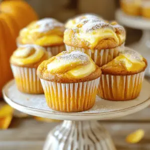 To make Pumpkin Cream Cheese Swirl Muffins, gather these main ingredients: - 1 cup canned pumpkin puree - 1 cup all-purpose flour - 1/2 cup whole wheat flour - 1 tsp baking powder - 1/2 tsp baking soda - 1/2 tsp salt - 1 tsp pumpkin pie spice - 1/2 cup granulated sugar - 1/4 cup brown sugar, packed - 2 large eggs - 1/2 cup vegetable oil - 1 tsp vanilla extract - 4 oz cream cheese, softened - 1/4 cup powdered sugar - 1 tsp lemon juice These ingredients create a moist and flavorful muffin. The pumpkin adds a rich texture, while the cream cheese brings a delightful surprise. You can enhance your muffins with optional ingredients: - Chopped nuts (like walnuts or pecans) - Chocolate chips - Dried cranberries or raisins - A sprinkle of cinnamon sugar on top These extras add texture and flavor. You can mix and match based on your taste. To make your muffins taste even better, consider these tips: - Use fresh pumpkin puree for a richer flavor. - Choose high-quality vanilla extract for depth. - Opt for organic sugars for a more complex sweetness. These small changes can make a big difference. They enhance the overall taste and make your muffins truly special. Start by preheating your oven to 350°F (175°C). This step is key to getting your muffins fluffy. While the oven heats, line a muffin tray with paper liners. This makes for easy cleanup and helps the muffins to bake evenly. In a large bowl, combine 1 cup of canned pumpkin puree, 1/2 cup of granulated sugar, and 1/4 cup of brown sugar. Add 2 large eggs, 1/2 cup of vegetable oil, and 1 teaspoon of vanilla extract. Whisk these together until the mix is smooth. The pumpkin adds moisture and flavor, making each bite rich. In another bowl, mix 1 cup of all-purpose flour, 1/2 cup of whole wheat flour, 1 teaspoon of baking powder, 1/2 teaspoon of baking soda, 1/2 teaspoon of salt, and 1 teaspoon of pumpkin pie spice. Stir these ingredients well. Gradually add the dry mix to the wet mix, stirring until just combined. Be careful not to overmix; this keeps the muffins tender. In a small bowl, beat 4 ounces of softened cream cheese, 1/4 cup of powdered sugar, and 1 teaspoon of lemon juice until smooth. This mixture will add a delightful tartness. Fill each muffin liner halfway with the pumpkin batter. Drop about 1 teaspoon of the cream cheese mix in the center. Using a toothpick or knife, gently swirl the cream cheese into the pumpkin batter. This creates a beautiful marbled effect. Top each muffin with a bit more pumpkin batter if needed. Bake in your preheated oven for 18-20 minutes. Test for doneness by inserting a toothpick into the center; it should come out clean. Let the muffins cool in the pan for 5 minutes, then transfer them to a wire rack to cool completely. Enjoy your delicious Pumpkin Cream Cheese Swirl Muffins! Overmixing can make muffins tough and dense. To avoid this, mix your wet and dry ingredients until just combined. You should see some flour bits. This is okay! Once you add the dry to the wet, stir gently. Use a spatula for better control. Remember, less is more when mixing! A perfect swirl looks beautiful and tastes amazing. To get this right, place a teaspoon of cream cheese in the center of the batter. Then, use a toothpick or knife to swirl gently. Don't mix it in completely; you want to see the marbled effect. Aim for a light touch to keep the cream cheese distinct and delicious. The key to a soft muffin is moisture. Use fresh pumpkin puree for the best flavor. The mix of all-purpose and whole wheat flour adds depth without making it too heavy. Make sure your eggs are at room temperature; this helps with even mixing. Bake until a toothpick comes out clean, but don't overbake. This gives you that light, fluffy texture we all love! {{image_2}} You can easily change the flavor of these muffins. Try adding chopped apples for a fall twist. You can also mix in cranberries for a sweet-tart taste. If you love chocolate, add chocolate chips for extra richness. Spice lovers might add more pumpkin pie spice or even a dash of cinnamon for warmth. Each of these options can elevate the muffins and add a seasonal touch. Want a healthier version? You can swap some ingredients. Use whole wheat flour for all the flour to boost fiber. Instead of granulated sugar, try using honey or maple syrup. These natural sweeteners add flavor and moisture. You can also use Greek yogurt instead of cream cheese for a lower-fat option. It keeps the creamy texture while adding protein. For a gluten-free choice, replace regular flour with a gluten-free blend. Look for one that substitutes cup-for-cup. For a dairy-free version, use dairy-free cream cheese. Almond or coconut milk are great for replacing regular milk. These swaps let everyone enjoy this tasty treat without worry. To keep your muffins fresh, store them in an airtight container. You can use a plastic bag or a cake dome. This will help keep them moist and tasty. Avoid leaving them out in the open air. If you want them to last longer, you can refrigerate them. Just be sure to seal them well. When stored at room temperature, these muffins can last for about 2 to 3 days. If you store them in the fridge, they can stay good for up to a week. For the best taste, enjoy them within a few days. If you want to save some for later, freezing is a great option. To reheat your muffins, you can use a microwave or an oven. If using a microwave, heat them for about 15 to 20 seconds. This will warm them up nicely. If you prefer the oven, preheat it to 350°F (175°C) and heat the muffins for about 5 to 10 minutes. Enjoy them warm for the best flavor! Yes, you can freeze these muffins. Just let them cool down first. Wrap each muffin in plastic wrap. Then, place them in a freezer bag. They stay fresh for up to three months. When ready to eat, thaw them in the fridge overnight. You can also warm them in the oven or microwave. If you need a substitute, use mashed sweet potatoes or butternut squash. These options give a similar texture. You can also use unsweetened applesauce for a fruity twist. Just keep in mind that flavor may change a bit. Muffins may sink due to overmixing the batter. Mixing too much adds too much air. Also, if the oven is too hot, they can rise too fast and collapse. Make sure to follow baking times and temperatures closely for best results. Absolutely! You can use a mini muffin tin instead. Just fill each cup about halfway with batter. Bake for about 12-15 minutes. Check doneness with a toothpick. Mini muffins are fun and perfect for snacks or parties. To check if your muffins are done, insert a toothpick in the center. If it comes out clean, they are fully baked. The tops should look golden brown, and feel firm to the touch. If it comes out wet, bake for a few more minutes, then check again. You learned how to make Pumpkin Cream Cheese Swirl Muffins. We covered the main ingredients, step-by-step instructions, and helpful tips. I shared ways to change up the flavors and store your muffins for later. Remember, perfect muffins need the right mix and careful baking. You can enjoy these treats fresh or save them for another day. Keep this guide handy as you bake, and feel proud of your delicious results. Happy baking!